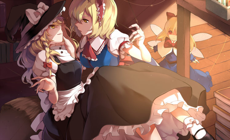 girls, Alice, Margatroid, Blonde, Hair, Book, Braids, Brown, Eyes, Greetload, Hat, Kirisame, Marisa, Shanghai, Doll, Touhou, Witch, Yuri HD Wallpaper Desktop Background