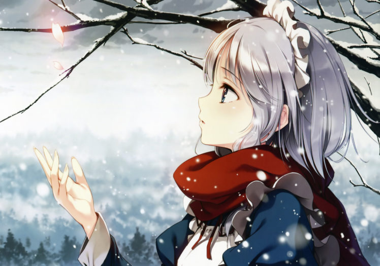 gray, Hair, Izayoi, Sakuya, Ke ta, Maid, Petals, Snow, Touhou HD Wallpaper Desktop Background