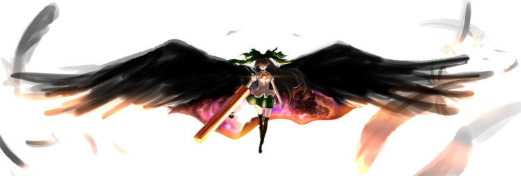 brown, Hair, Feathers, Hosimo, Reiuji, Utsuho, Thighhighs, Touhou, Weapon, White, Wings HD Wallpaper Desktop Background