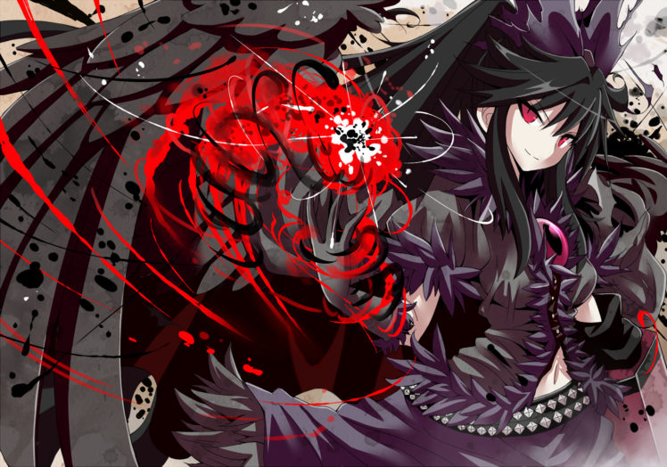 black, Hair, Dress, Gibuchoko, Gloves, Red, Eyes, Reiuji, Utsuho, Touhou, Wings HD Wallpaper Desktop Background