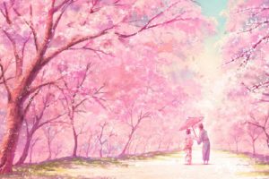 anime, Pink, Tree, Couple, Kimono