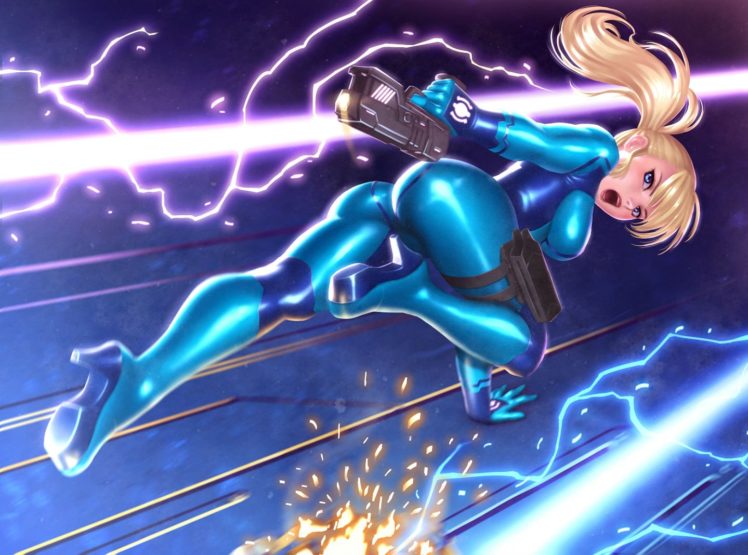 ass, Blonde, Hair, Bodysuit, Gun, Long, Hair, Metroid, Samus, Aran, Seeker,  shzyu , Skintight, Weapon HD Wallpaper Desktop Background