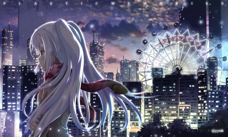 building, City, Clouds, Isla,  plastic, Memories , Long, Hair, Night, Plastic, Memories, Red, Eyes, Scarf, Tears, Waisshu,  sougyokyuu , Watermark, White, Hair HD Wallpaper Desktop Background