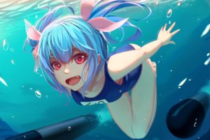 blue, Hair, Bubbles, Fang, I 19,  kancolle , Kantai, Collection, Long, Hair, Nian, Pink, Eyes, Ribbons, School, Swimsuit, Swimsuit, Underwater, Water, Weapon