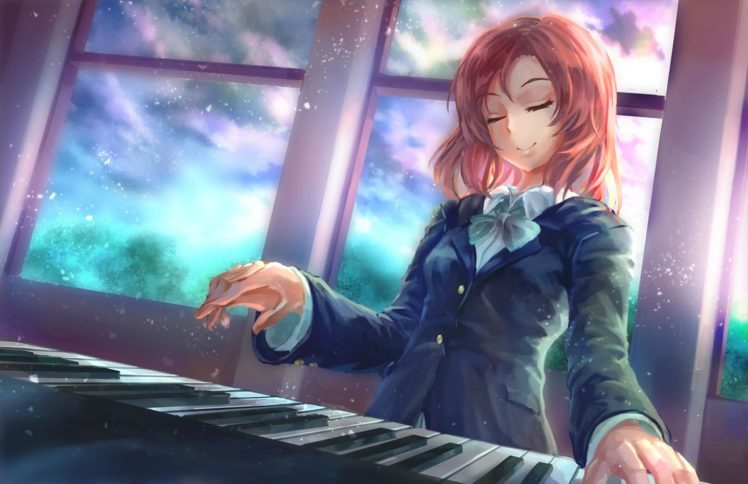 bow, Clouds, Freeze ex, Instrument, Love, Live , School, Idol, Project, Nishikino, Maki, Piano, Red, Hair, Seifuku, Short, Hair HD Wallpaper Desktop Background