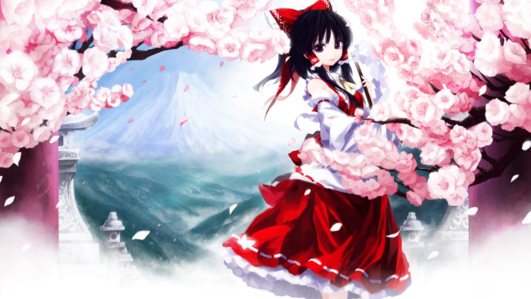 bow, Flowers, Hakurei, Reimu, Iseki,  kuroshura, No, Tabiji , Japanese, Clothes, Petals, Touhou HD Wallpaper Desktop Background