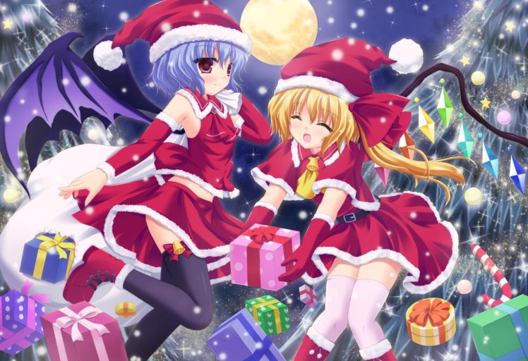 girls, Blonde, Hair, Blue, Hair, Candy, Christmas, Food, Gloves, Hat, Moon, Red, Eyes, Santa, Costume, Santa, Hat, Sky, Snow, Thighhighs, Touhou, Tree, Vampire, Wings HD Wallpaper Desktop Background