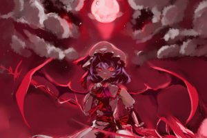 blaze,  artist , Clouds, Fang, Hat, Moon, Night, Purple, Hair, Red, Red, Eyes, Remilia, Scarlet, Ribbons, Short, Hair, Sky, Spear, Touhou, Weapon, Wings