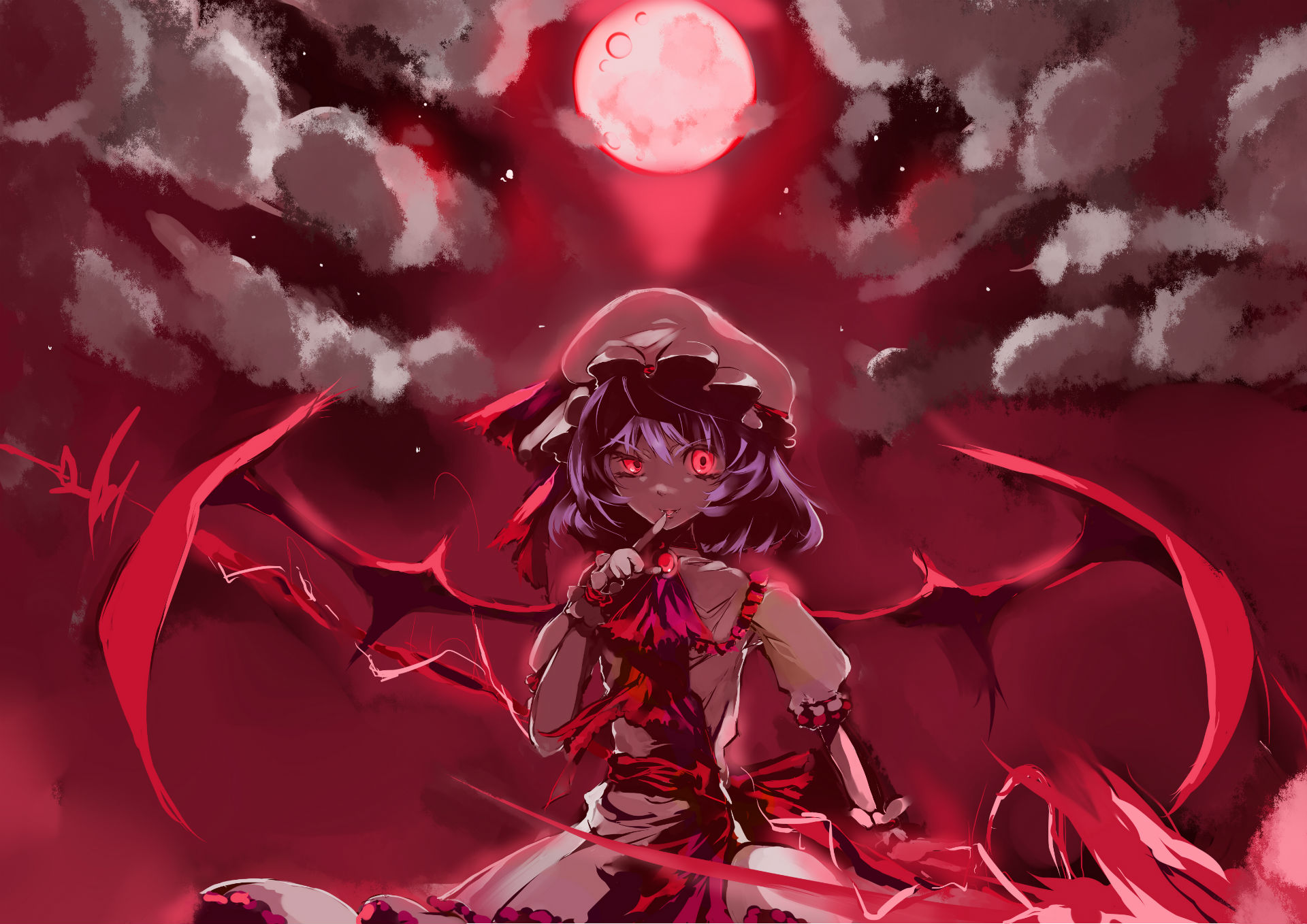blaze,  artist , Clouds, Fang, Hat, Moon, Night, Purple, Hair, Red, Red, Eyes, Remilia, Scarlet, Ribbons, Short, Hair, Sky, Spear, Touhou, Weapon, Wings Wallpaper
