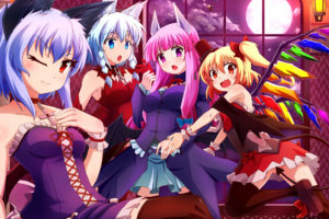 blue, Eyes, Byoubyou, Catgirl, Cirno, Collar, Cross, Fang, Gloves, Gray, Hair, Group, Moon, Pink, Hair, Red, Eyes, Rumia, Tail, Thighhighs, Touhou, Vampire, Wings