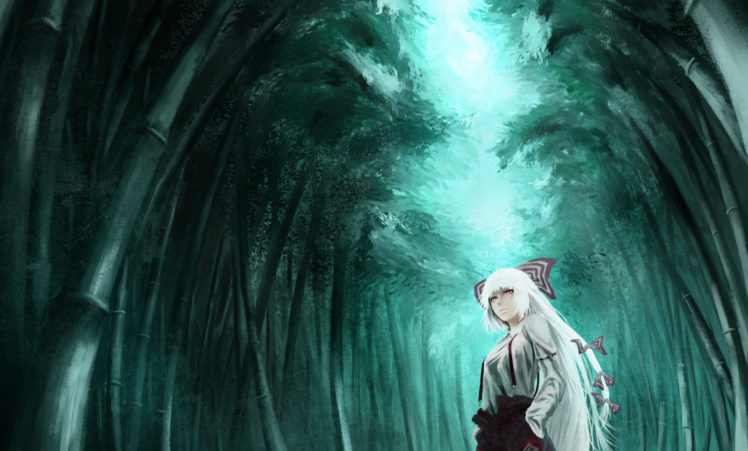 akaikitsune, Bow, Forest, Fujiwara, No, Mokou, Long, Hair, Ribbons, Touhou, Tree, White, Hair HD Wallpaper Desktop Background