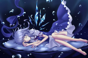 animal, Barefoot, Blue, Hair, Bubbles, Cirno, Cloudy, R, Dress, Fish, Shell, Sleeping, Touhou, Underwater