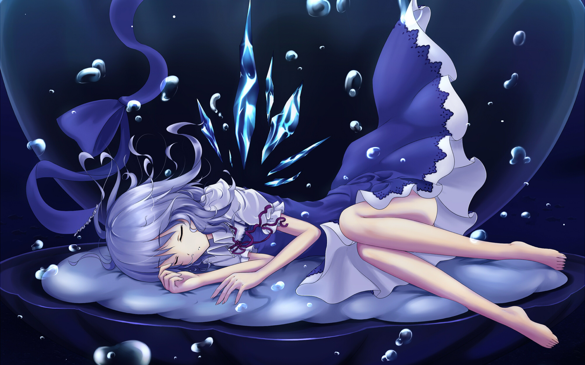 animal, Barefoot, Blue, Hair, Bubbles, Cirno, Cloudy, R, Dress, Fish, Shell, Sleeping, Touhou, Underwater Wallpaper