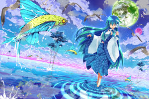 animal, Bird, Clouds, Fish, Kochiya, Sanae, Kurokawa, Izumi, Sky, Stars, Touhou, Tree, Water
