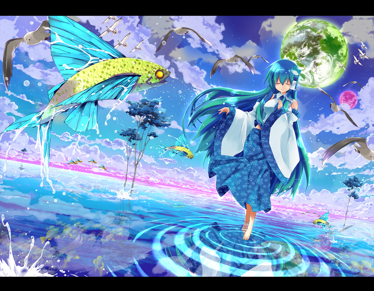 animal, Bird, Clouds, Fish, Kochiya, Sanae, Kurokawa, Izumi, Sky, Stars, Touhou, Tree, Water Wallpaper
