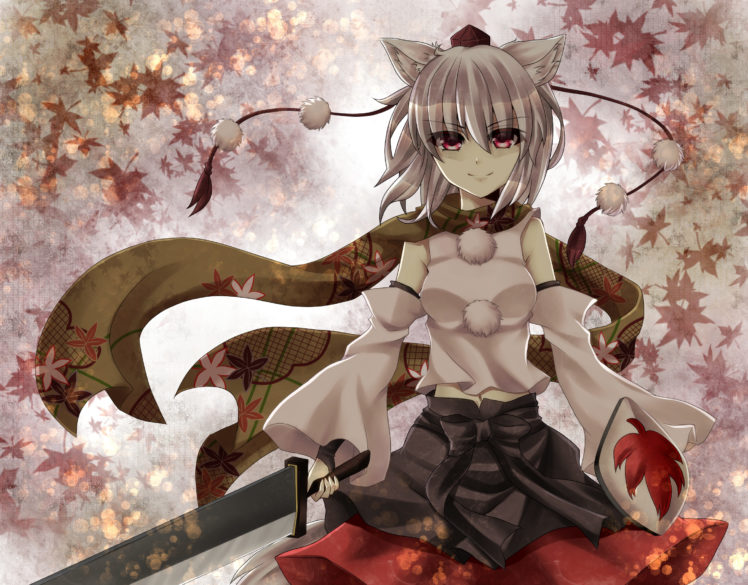 animal, Ears, Ikeda, Hazuki, Inubashiri, Momiji, Red, Eyes, Scarf, Sword, Touhou, Weapon HD Wallpaper Desktop Background