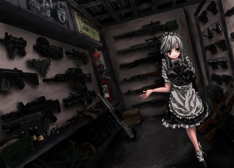 apron, Gray, Hair, Gun, Izayoi, Sakuya, Maid, Red, Eyes, Terabyte,  rook777 , Touhou, Weapon HD Wallpaper Desktop Background