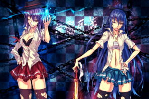 blue, Hair, Bow, Bra, Chain, Cleavage, Hat, Nagae, Iku, Open, Shirt, Purple, Hair, Red, Eyes, Ryuuzaki, Itsu, Seifuku, Sword, Torn, Clothes, Touhou, Underwear, Weapon, Wink