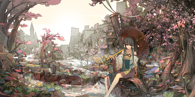 hakurei, Reimu, Japanese, Clothes, Sakura, Sora, Touhou, Tree, Water HD Wallpaper Desktop Background