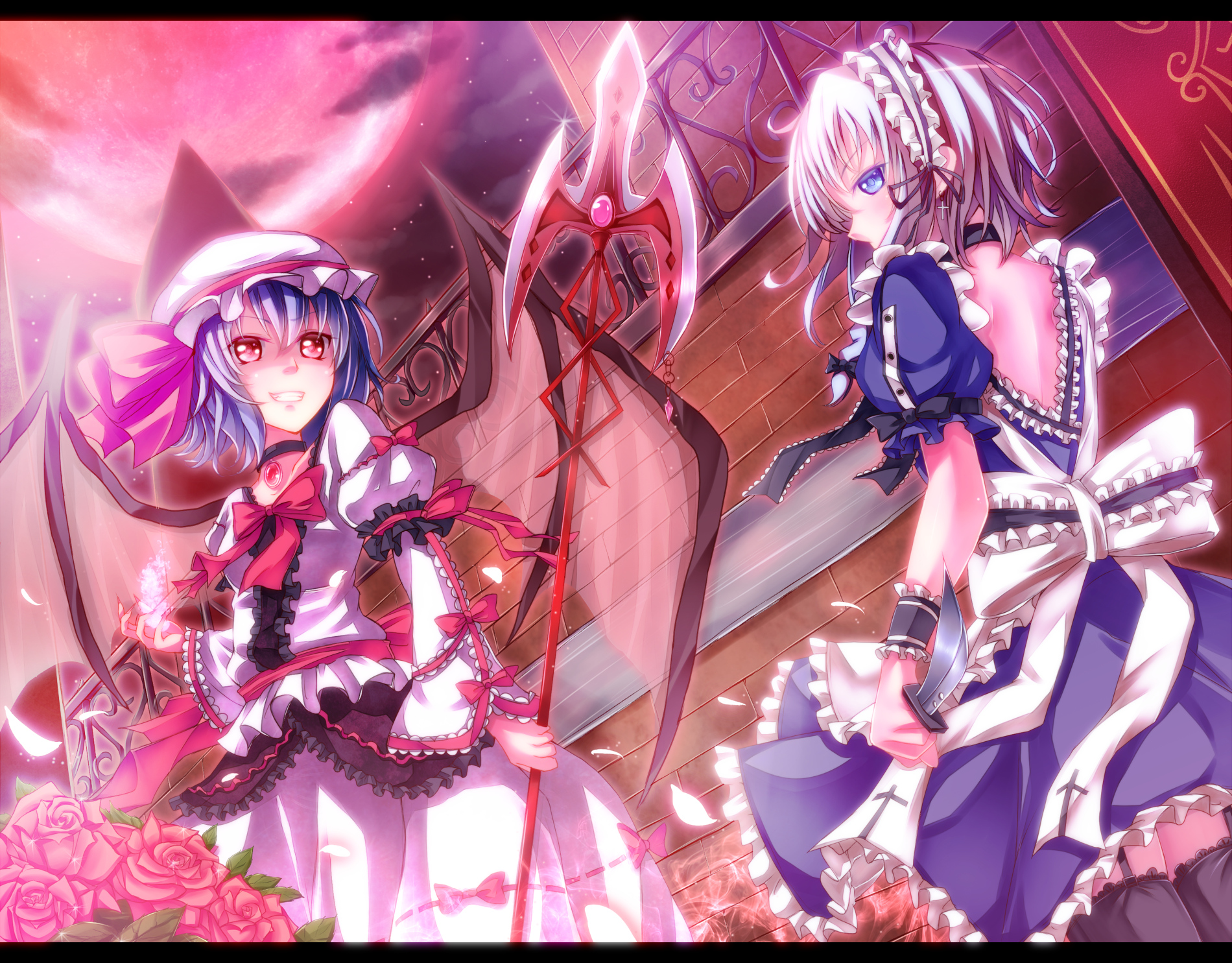 girls, Blue, Eyes, Blue, Hair, Bow, Cross, Dabadhi, Dress, Flowers, Hat, Knife, Maid, Moon, Petals, Red, Eyes, Rose, Spear, Thighhighs, Touhou, Vampire, Weapon, Wings Wallpaper