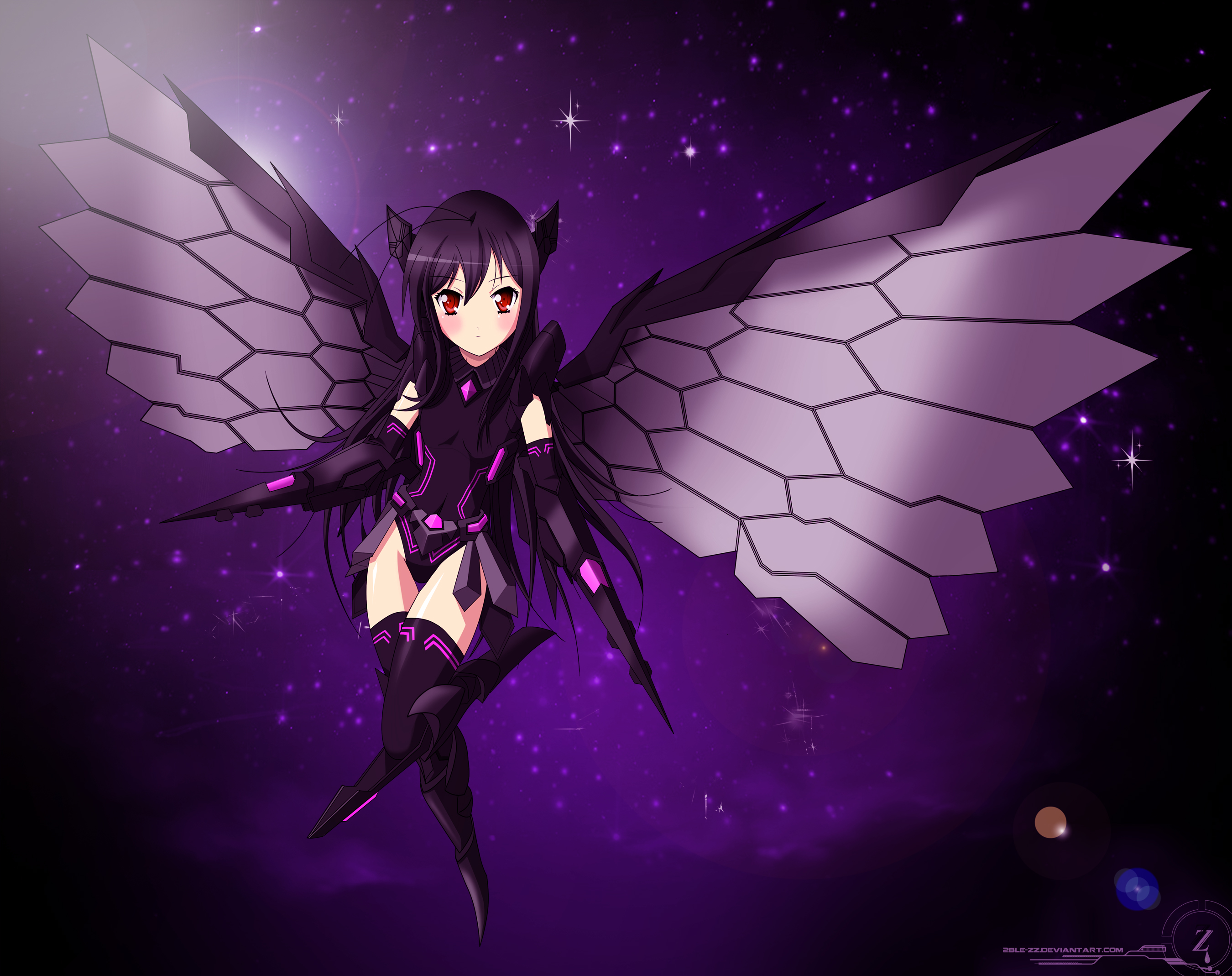 accel, World, Black, Hair, Blush, Kuro, Yuki, Hime, Long, Hair, Red, Eyes, Thighhighs, Wings Wallpaper