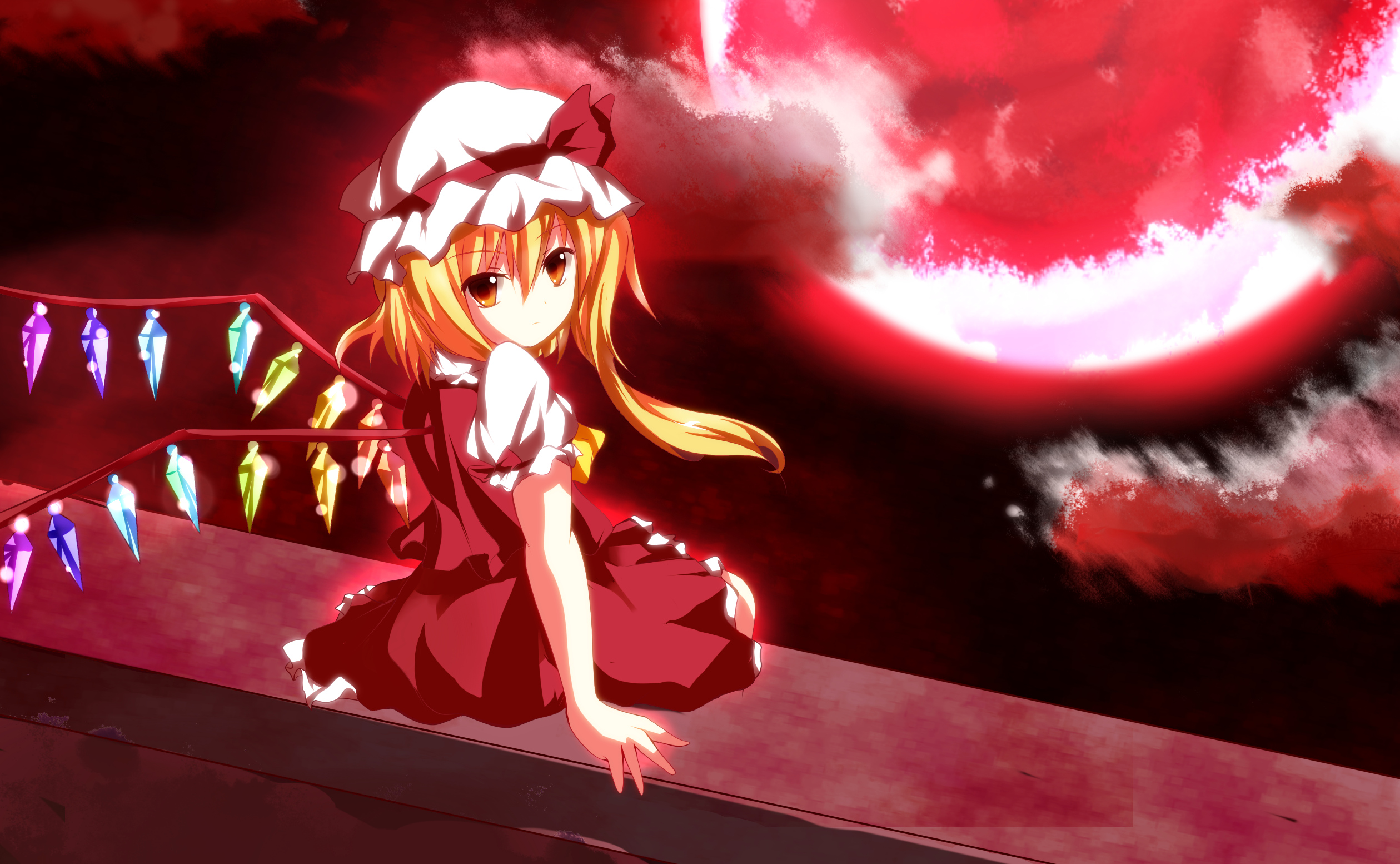 blonde, Hair, Dress, Flandre, Scarlet, Hat, Moon, Nunua, Red, Eyes, Touhou, Wings Wallpaper