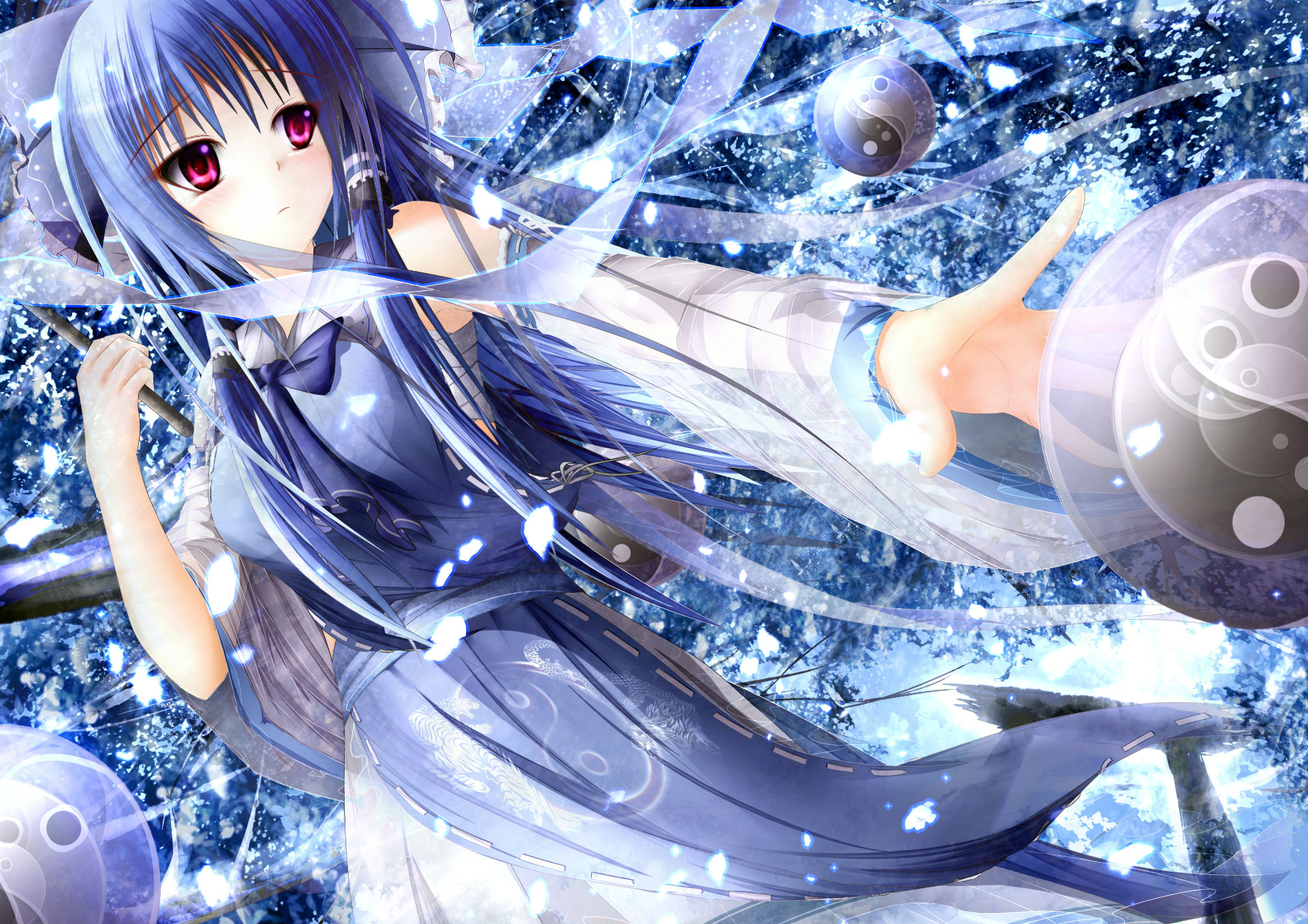 blue, Hair, Bow, Garyljq, Hakurei, Reimu, Long, Hair, Pink, Eyes, Touhou Wallpaper