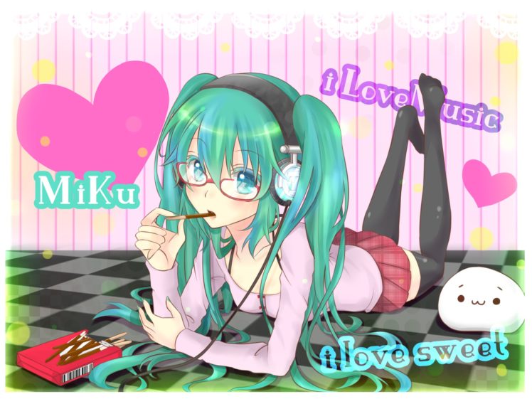 aoi,  kiyokiyoaomushi , Blue, Hair, Glasses, Hatsune, Miku, Headphones, Pocky, Twintails, Vocaloid HD Wallpaper Desktop Background