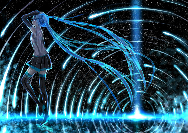 blue, Eyes, Blue, Hair, Crying, Hatsune, Miku, Long, Hair, Skirt, Sky, Stars, Tagme,  artist , Tears, Thighhighs, Twintails, Vocaloid HD Wallpaper Desktop Background