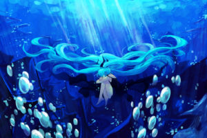 bubbles, Deep sea, Girl,  vocaloid , Hatsune, Miku, Lyrah777, Twintails, Underwater, Vocaloid