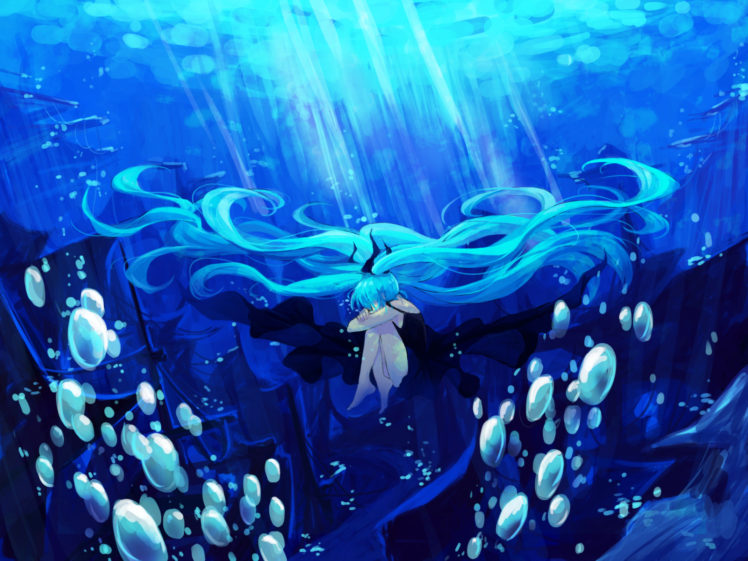 bubbles, Deep sea, Girl,  vocaloid , Hatsune, Miku, Lyrah777, Twintails, Underwater, Vocaloid HD Wallpaper Desktop Background