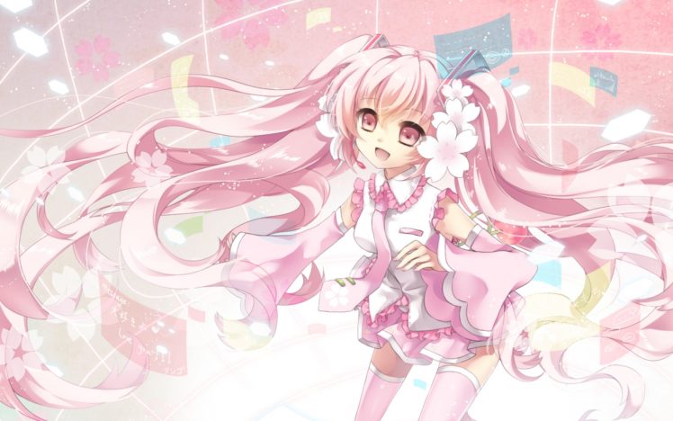 ceru, Long, Hair, Pink, Eyes, Pink, Hair, Sakura, Miku, Thighhighs, Tie, Vocaloid HD Wallpaper Desktop Background