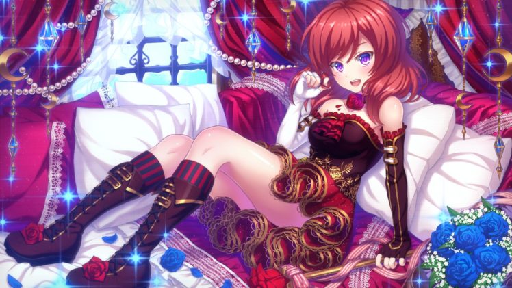 boots, Dress, Elbow, Gloves, Flowers, Kneehighs, Lolita, Fashion, Love, Live , School, Idol, Project, Nishikino, Maki, Petals, Red, Hair, Rose, Shinokeng HD Wallpaper Desktop Background