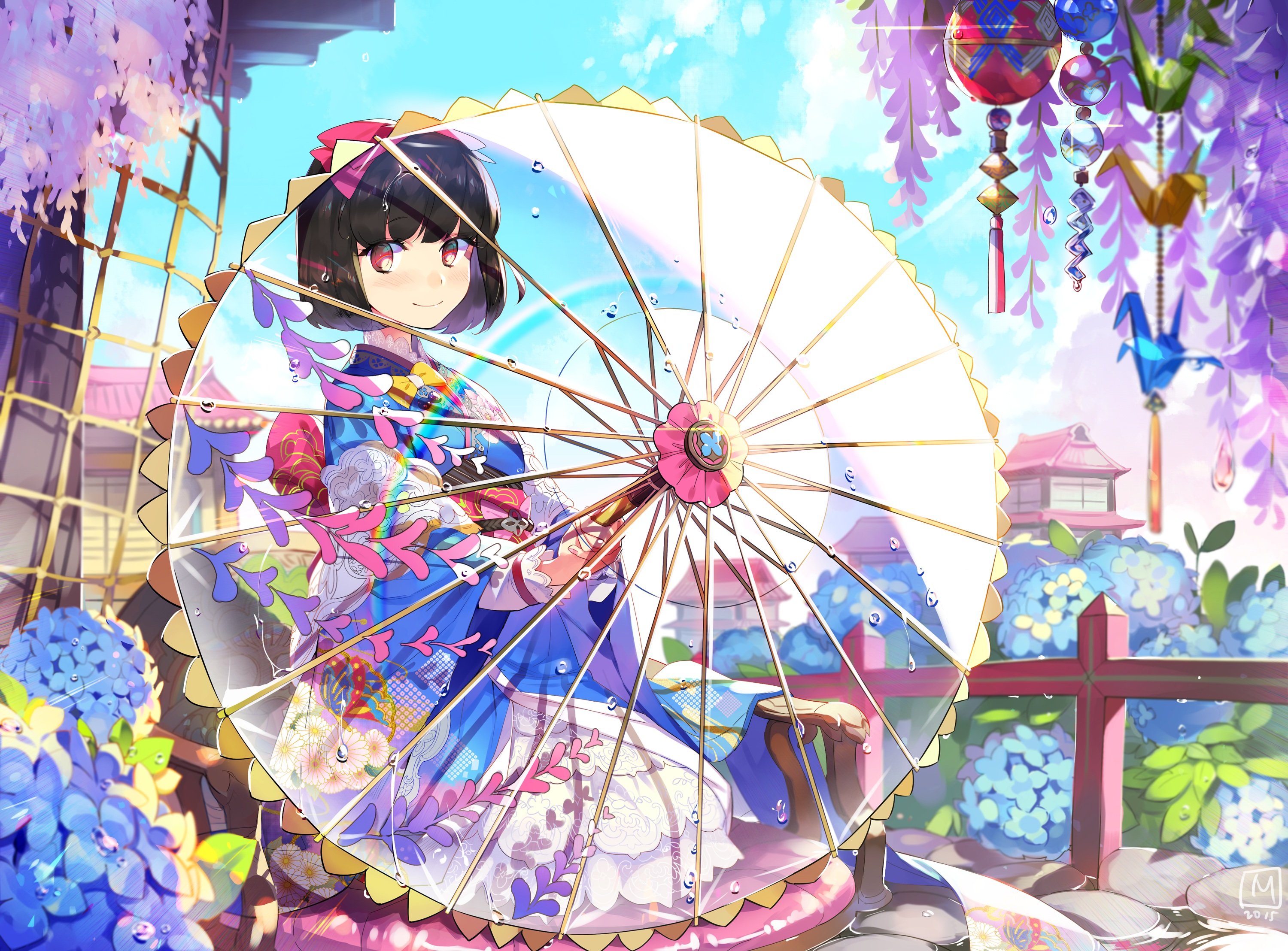 black, Hair, Blush, Bow, Building, Flowers, Japanese, Clothes, Kimono