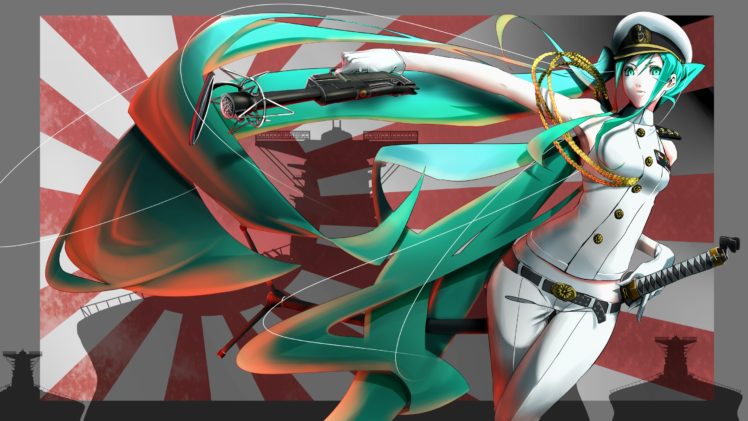 crimson,  cxrss377 , Hatsune, Miku, Uniform, Vocaloid, Weapon HD Wallpaper Desktop Background