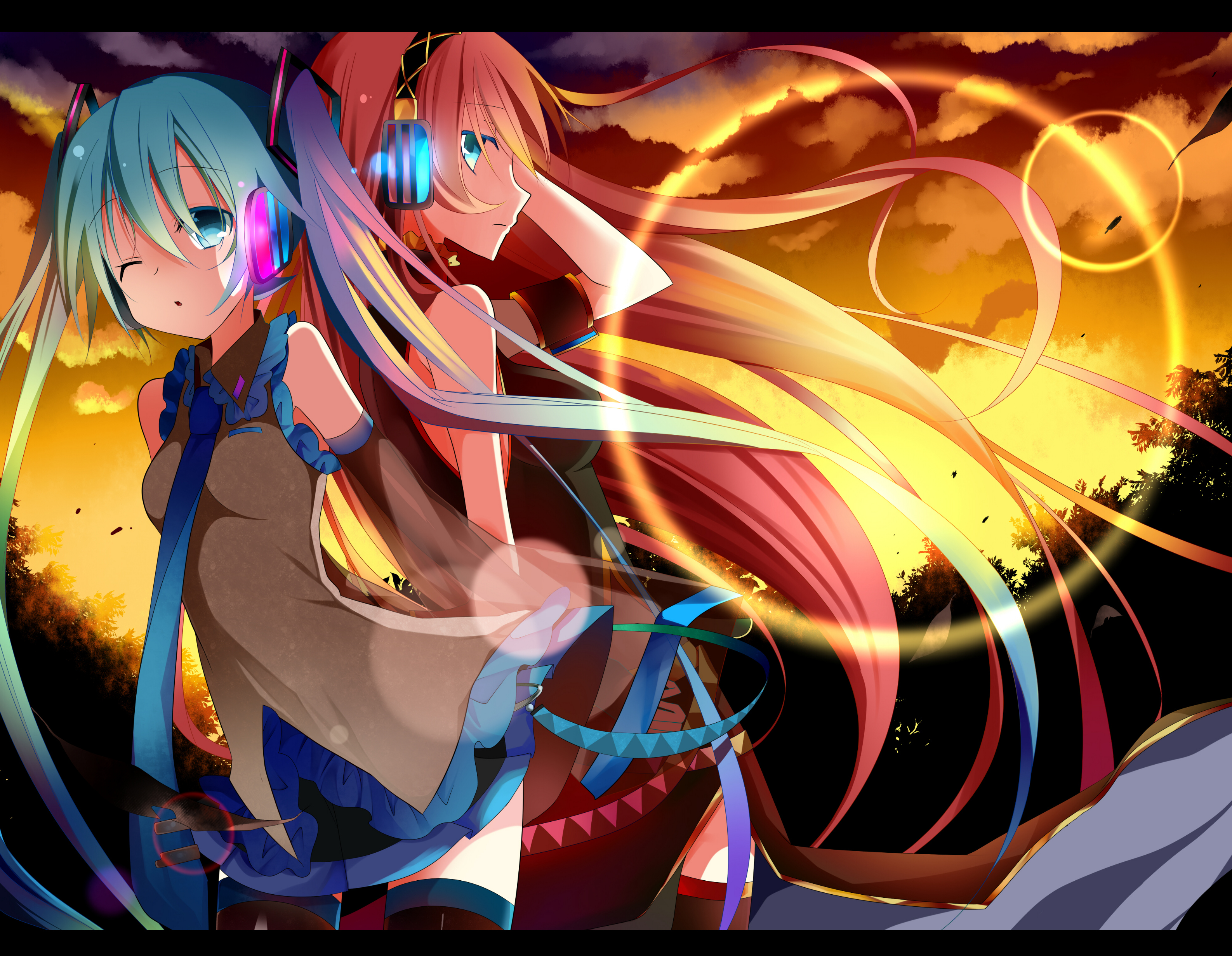hatsune, Miku, Headphones, Megurine, Luka, Sunset, Temari,  artist , Vocaloid Wallpaper