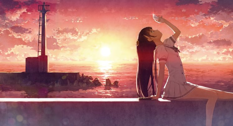 sunset, Anime, Girl, Sky, Clouds HD Wallpaper Desktop Background