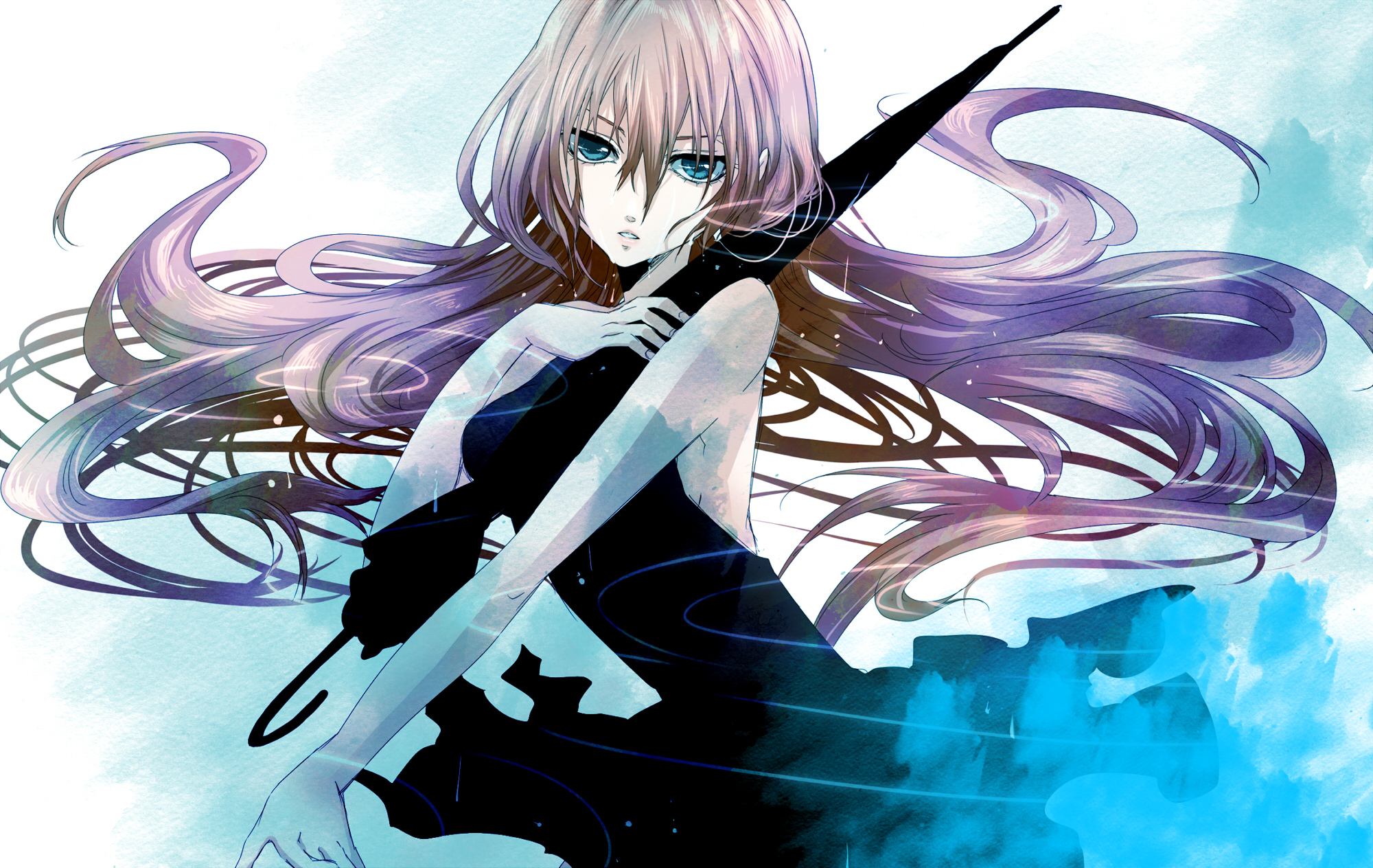 blue, Eyes, Long, Hair, Megurine, Luka, Naoto, Pink, Hair, Umbrella, Vocaloid, Wet Wallpaper