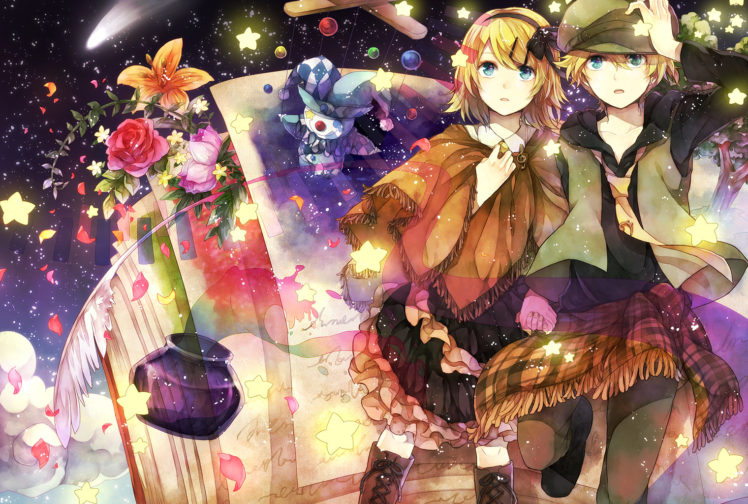 clouds, Feathers, Flowers, Hana,  mew , Hat, Kagamine, Len, Kagamine, Rin, Petals, Stars, Vocaloid HD Wallpaper Desktop Background