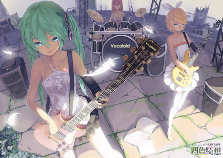drums, Guitar, Hatsune, Miku, Instrument, Kagamine, Rin, Madyy, Megurine, Luka, Vocaloid HD Wallpaper Desktop Background
