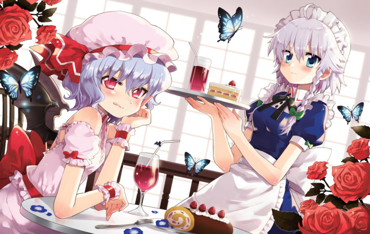 girls, Apron, Blue, Eyes, Blue, Hair, Braids, Butterfly, Cake, Chiba, Sadoru, Drink, Flowers, Food, Hat, Headdress, Maid, Red, Eyes, Touhou, Vampire, White, Hair, Wings HD Wallpaper Desktop Background