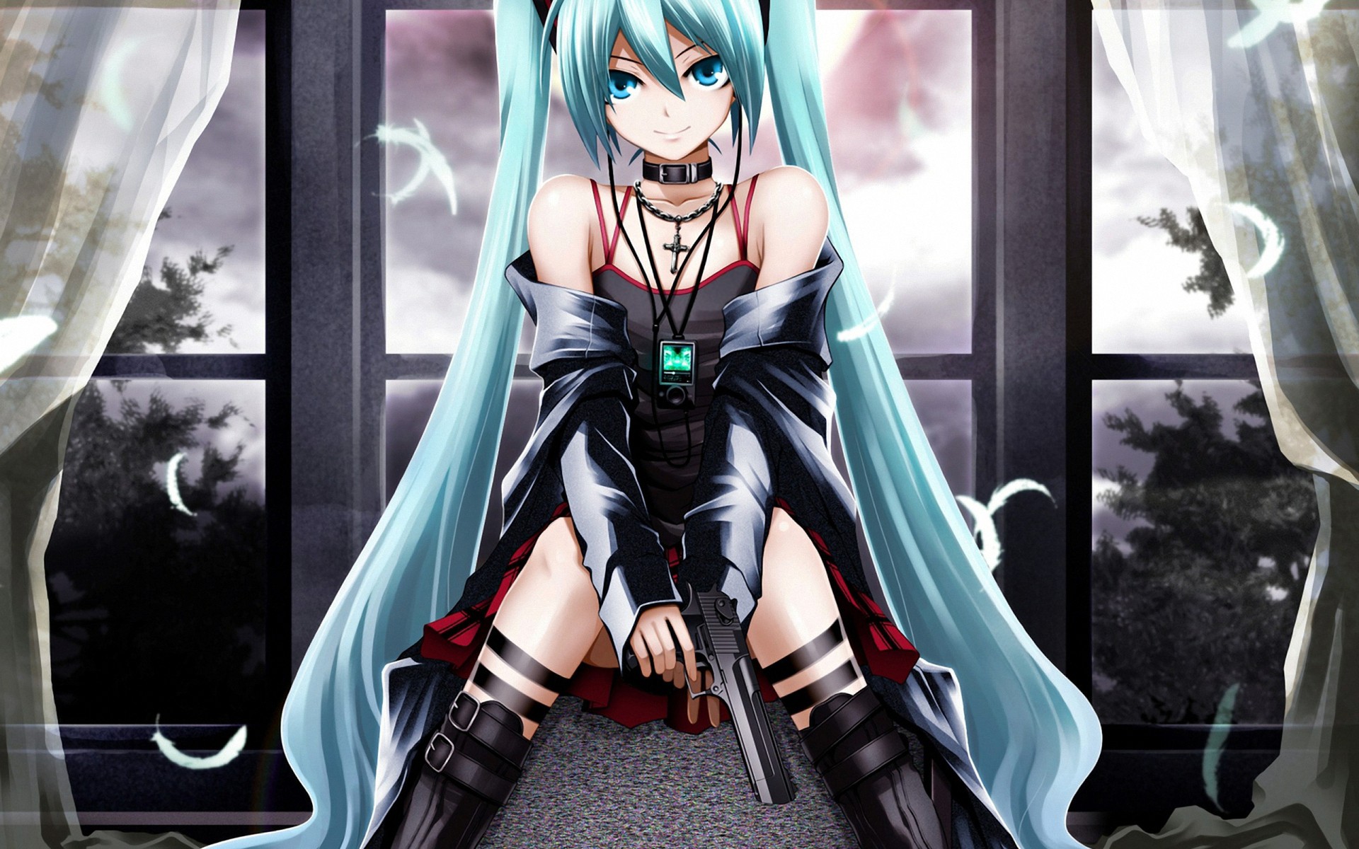 vocaloid, Hatsune, Miku, Girl, Hair, Gun, Player Wallpaper