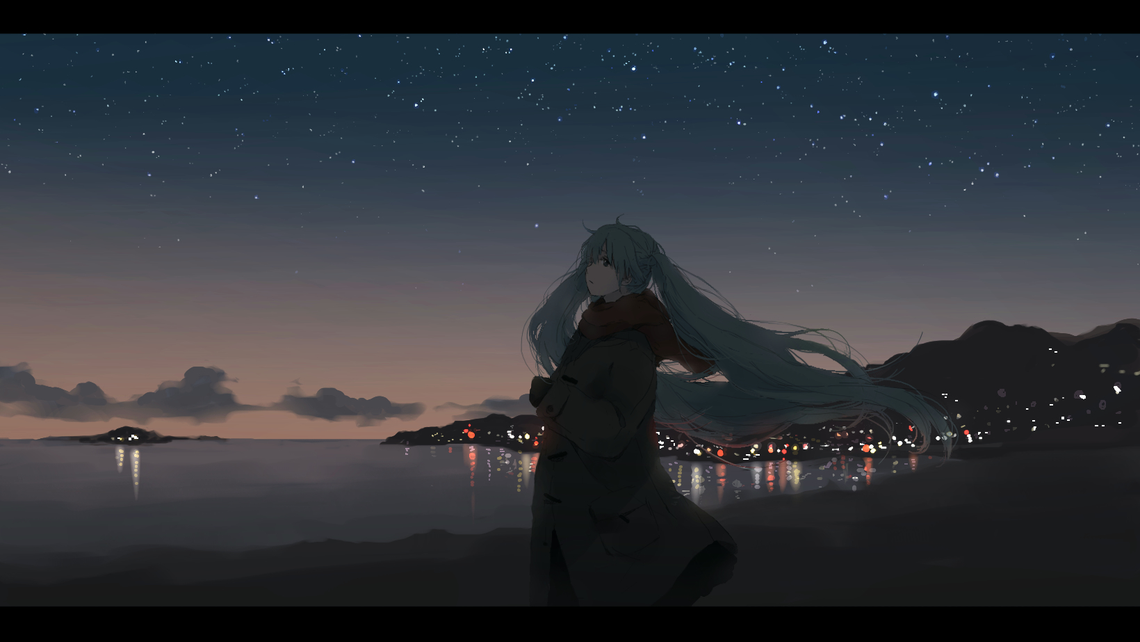 beach, Dark, Hanno, Hatsune, Miku, Long, Hair, Night, Scarf, Scenic