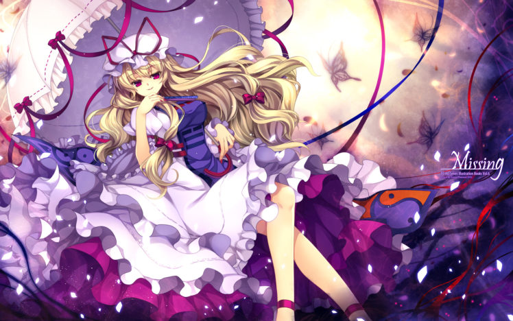 blonde, Hair, Capura, Lin, Dress, Hat, Long, Hair, Red, Eyes, Touhou, Umbrella, Yakumo, Yukari HD Wallpaper Desktop Background