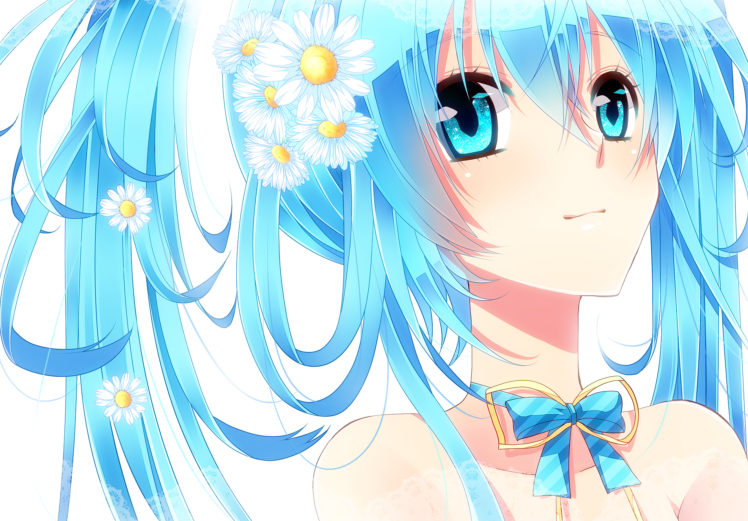 blue, Eyes, Blue, Hair, Bow, Close, Flowers, Hatsune, Miku, Vocaloid, White, Yunxko HD Wallpaper Desktop Background