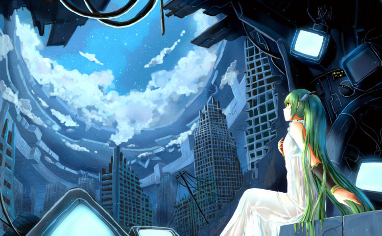 city, Clouds, Dress, Green, Eyes, Green, Hair, Hatsune, Miku, Long, Hair, Twintails, Vocaloid, Zen,  weishanzhe HD Wallpaper Desktop Background