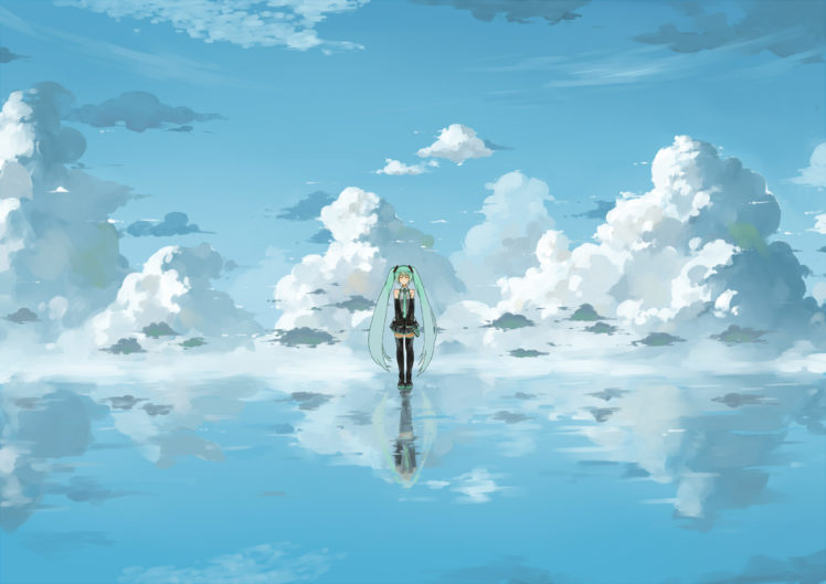 clouds, Hatsune, Miku, Popoccpo, Sky, Vocaloid, Water HD Wallpaper Desktop Background