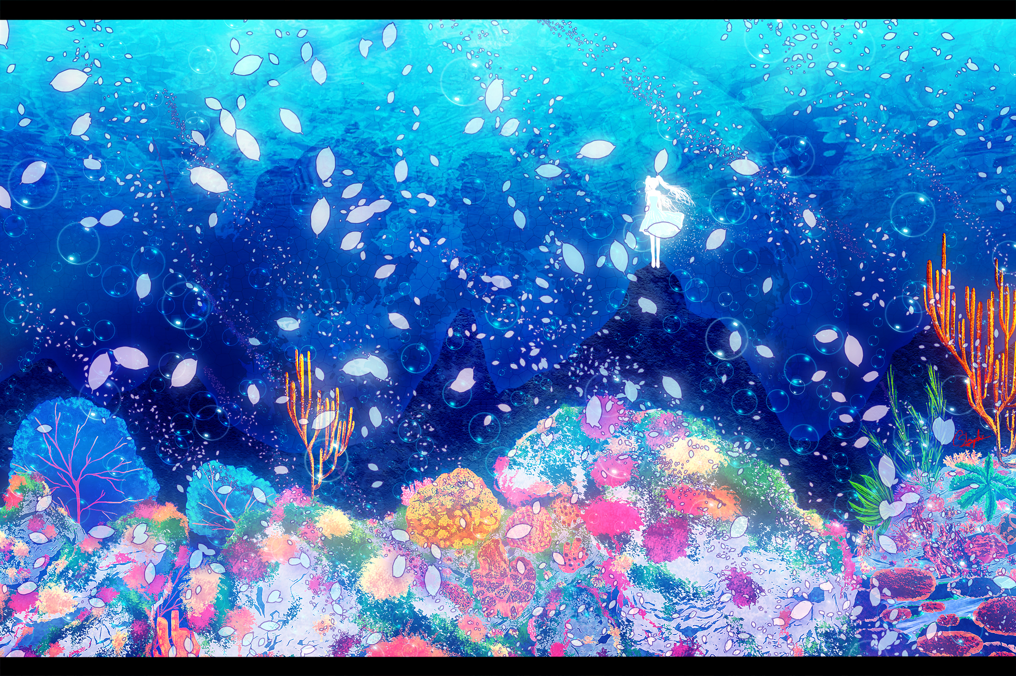 deep sea, Girl,  vocaloid , Hatsune, Miku, Petals, Underwater, Vocaloid, Water Wallpaper