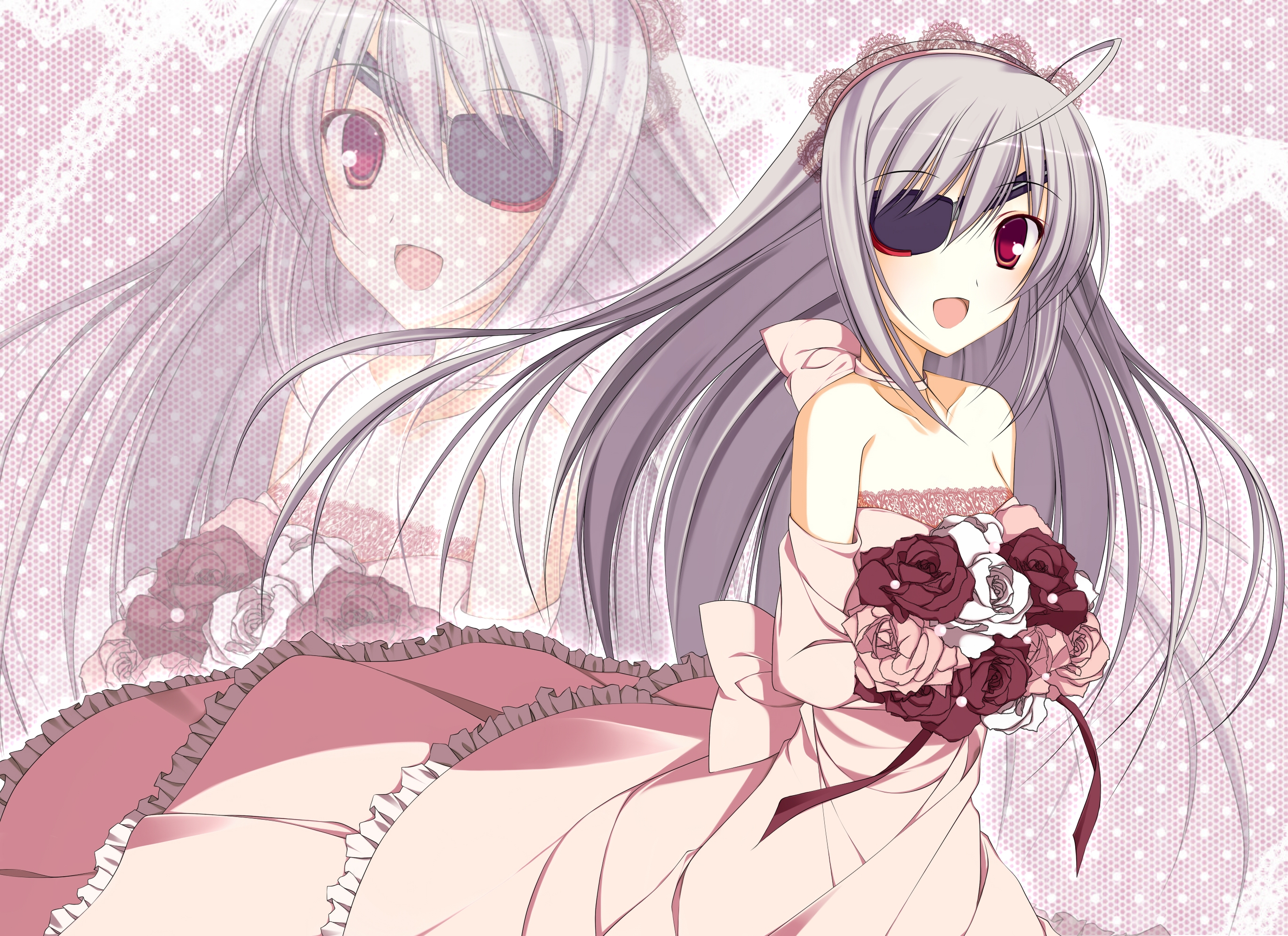 dress, Eyepatch, Flowers, Gray, Hair, Infinite, Stratos, Laura, Bodewig, Nanahosi, Seiiki, Red, Eyes, Wedding, Dress, Zoom, Layer Wallpaper