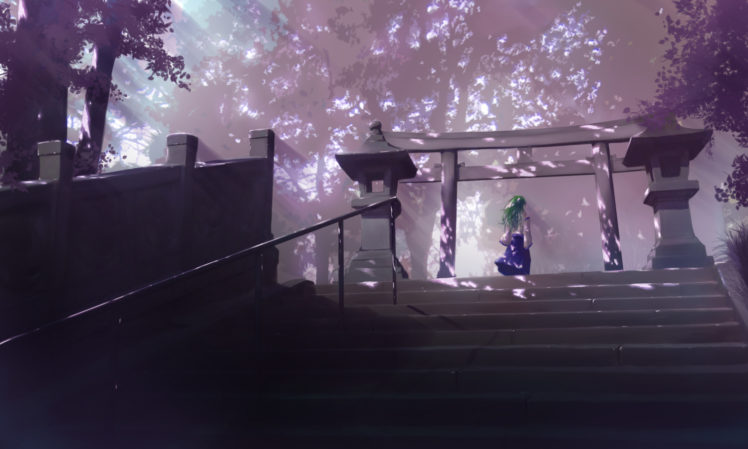 building, Forest, Green, Hair, Kochiya, Sanae, Long, Hair, Night, Scenic, Stairs, Totuka, Touhou, Tree HD Wallpaper Desktop Background